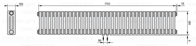 Схема (чертеж) Радиатор Zehnder Charleston 3030/37 №5410 Белый глянцевый RAL 9016
